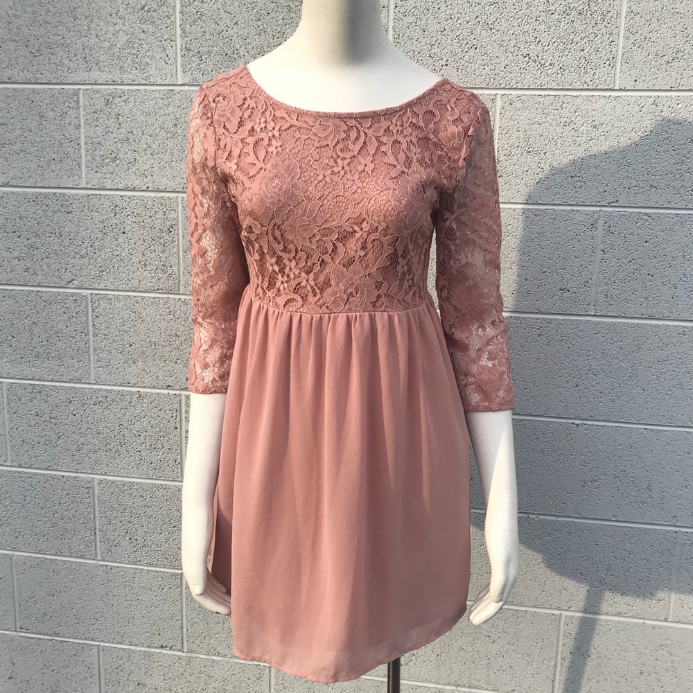 Dusty Pink Blush Lace and Chiffon Mini Dress